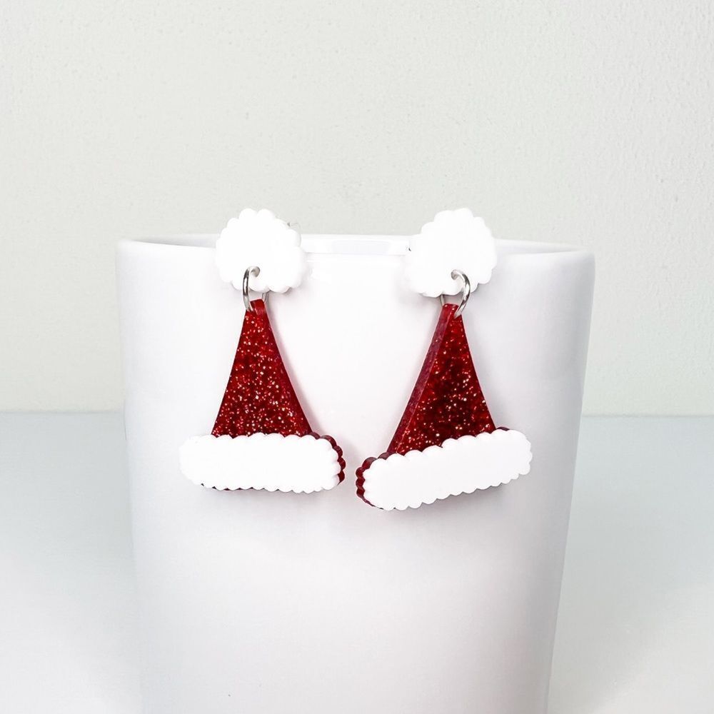 Christmas Holiday Red White Glitter Acrylic Santa Hat Post Earrings